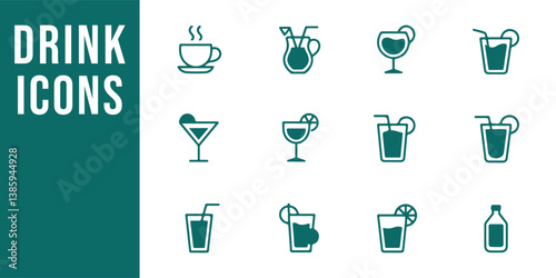 Summer Refreshing Drinks Set of 12 Line Icons, Beverage, Tea, Coffee, Bubble Tea, Cocktail, and More, Minimalist Outline Style