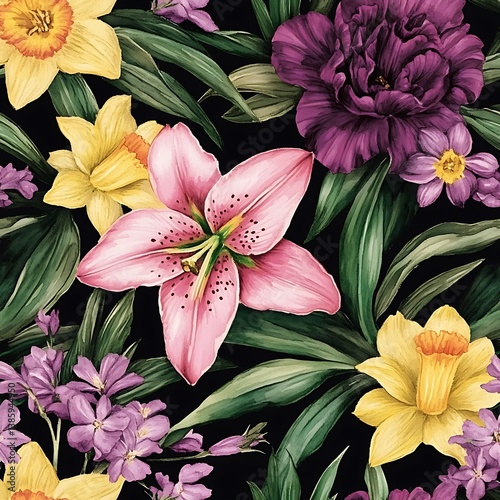 Seamless Watercolor Floral Pattern – Pink Lilies, Yellow Daffodils & Purple Peonies on Black