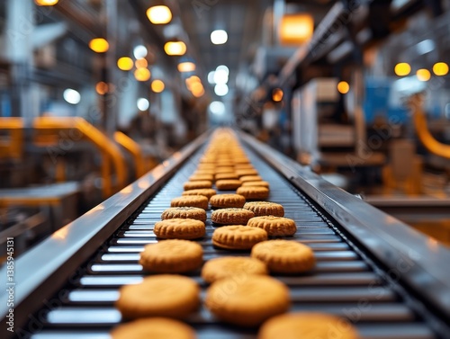 Cookies on a conveyor belt in a food factory automated production line food industry bakery process manufacturing