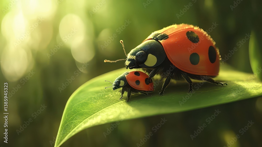 Fototapeta premium A tiny baby ladybug snuggling against a larger ladybug on a leaf, symbolizing warmth, love, and the bond of family in a natural setting
