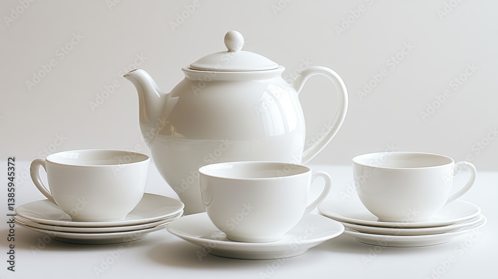 Fototapeta premium A white porcelain tea set including a teapot, cups, and saucers, on a white background