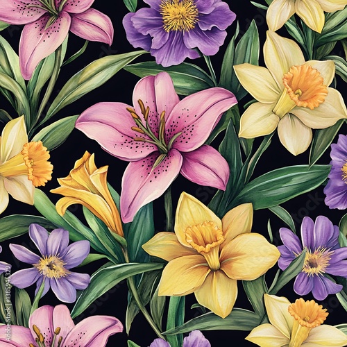 Seamless Watercolor Floral Pattern – Pink Lilies, Yellow Daffodils & Purple Peonies on Black