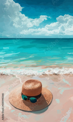 A peaceful beach scene, featuring a sun hat, sunglasses