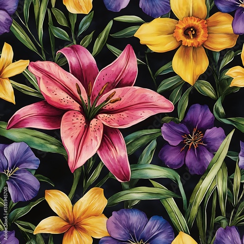 Seamless Watercolor Floral Pattern – Pink Lilies, Yellow Daffodils & Purple Peonies on Black