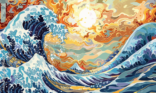 A vibrant artwork showcasing a wave with a sun in the backdrop, blending water, paint, and intricate patterns in a captivating illustration