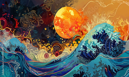 A vibrant artwork showcasing a wave with a sun in the backdrop, blending water, paint, and intricate patterns in a captivating illustration
