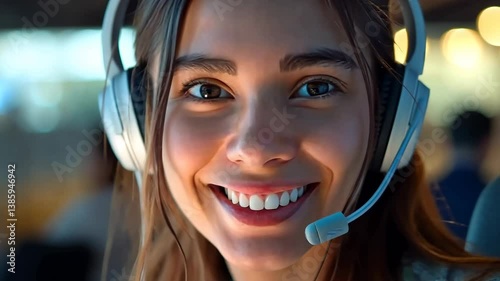 Young woman from customer service wearing headphones with microphone