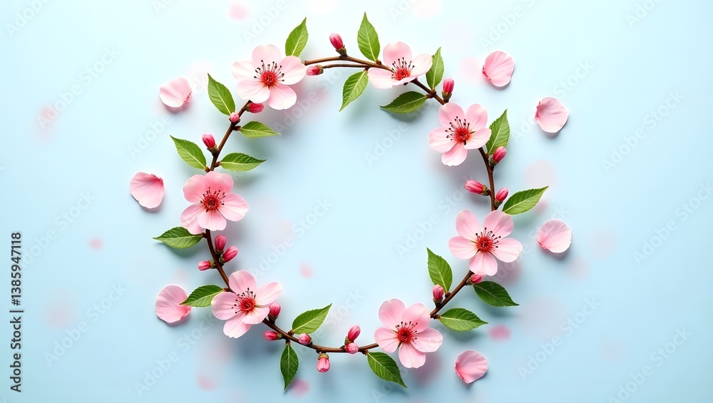 Fototapeta premium Colorful Tulip Wreath with Pink and Yellow Flowers on Turquoise Background