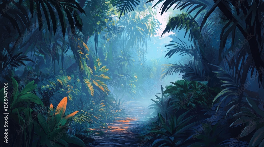 Naklejka premium Enchanted Jungle Path: A Mystical Journey Through Lush Tropical Foliage