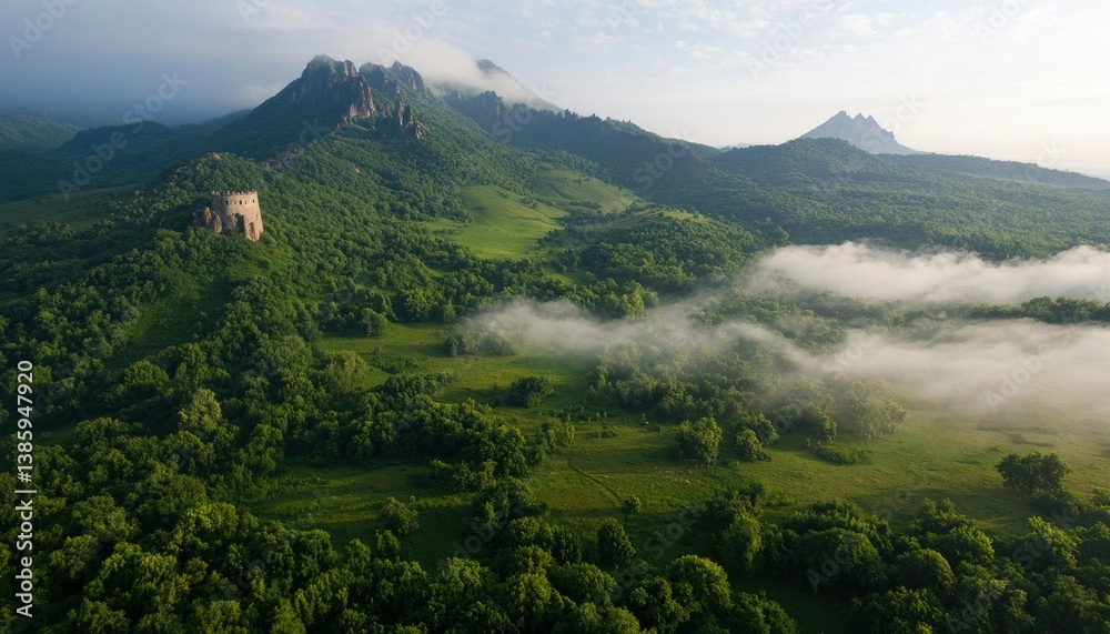 Fototapeta premium Misty mountain range with lush green valleys