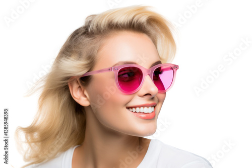 Young confident blonde girl wearing stylish color sunglasses, smiling with a casual pose. Isolated on white background