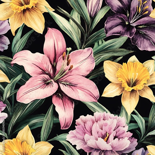 Seamless Watercolor Floral Pattern – Pink Lilies, Yellow Daffodils & Purple Peonies on Black
