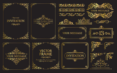 Design gold elements set, decorative flourish border corner and frame collection for invitation, menu and page decoration