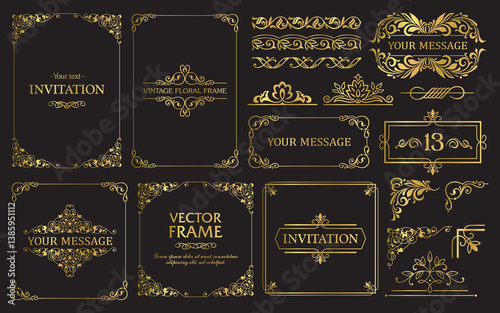 Design gold elements set, decorative flourish border corner and frame collection for invitation, menu and page decoration