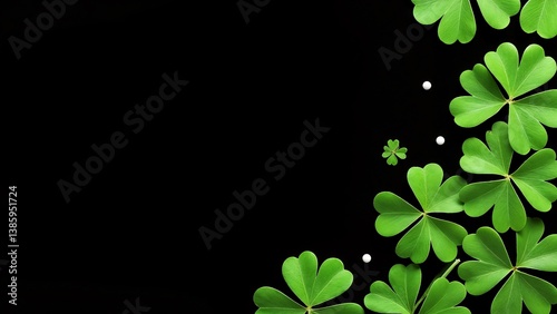 A group of green clover leaves on a black background.