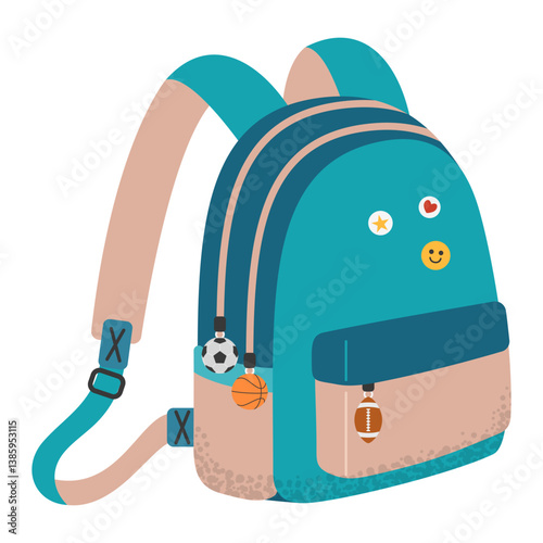 Childish colorful school backpack. Cartoon textile school bag, rucksack for educational supplies. Back to school. Flat vector illustration isolated on white background.