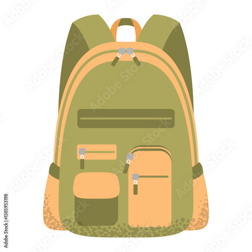 Childish colorful school backpack. Cartoon textile school bag, rucksack for educational supplies. Back to school. Flat vector illustration isolated on white background.