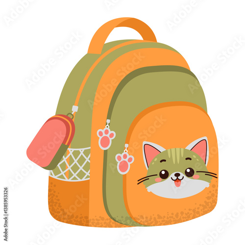 Childish colorful school backpack. Cartoon textile school bag, rucksack for educational supplies. Back to school. Flat vector illustration isolated on white background.