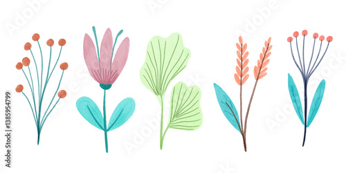 vector illustration of flowers. Floral watercolor set. Different vector elements. Hand drawn detailed botanical vector illustration