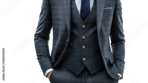 A classic three-piece suit with a waistcoat and matching trousers, on a white background