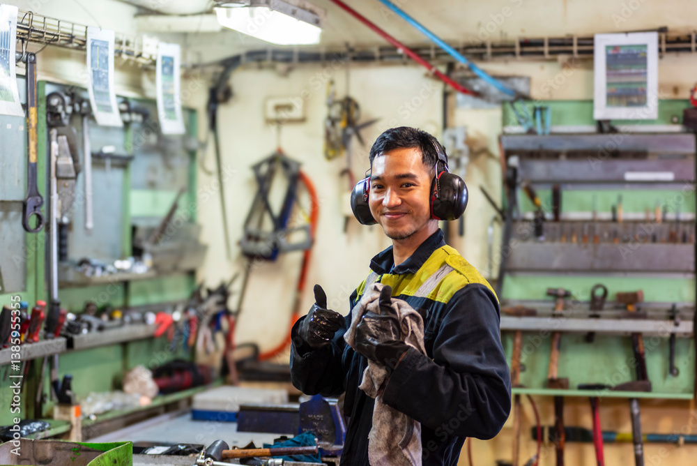 A marine engineer stands in the engine room workshop. The scene captures a moment of preparation, as the officer readies for hands-on work. A marine engineer stands in the engine room workshop. The scene captures a moment of preparation, as the officer readies for hands-on work.