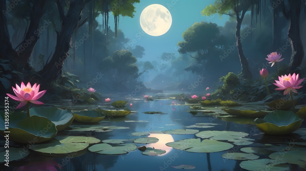 Obraz premium Mystical Moonlight Pond with Pink Water Lilies and Lily Pads