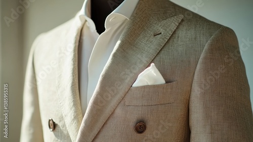 A light beige summer suit with a linen fabric and open collar, on a white background photo