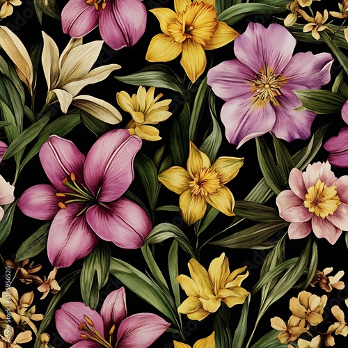 Seamless Watercolor Floral Pattern – Pink Lilies, Yellow Daffodils & Purple Peonies on Black