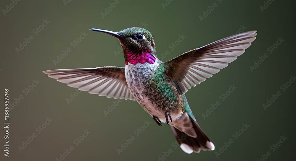 Fototapeta premium Hummingbird Hovering in Flight with Detailed Plumage and Wings Spread