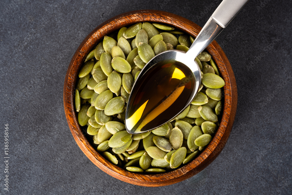Pumpkin seeds oil on wooden background