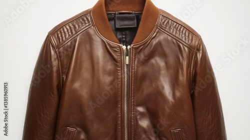 A leather bomber jacket with a smooth finish and ribbed hem, on a white background