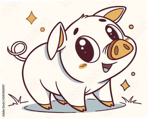 Cute kawaii chibi piglet smiling and sparkling in a cheerful setting  