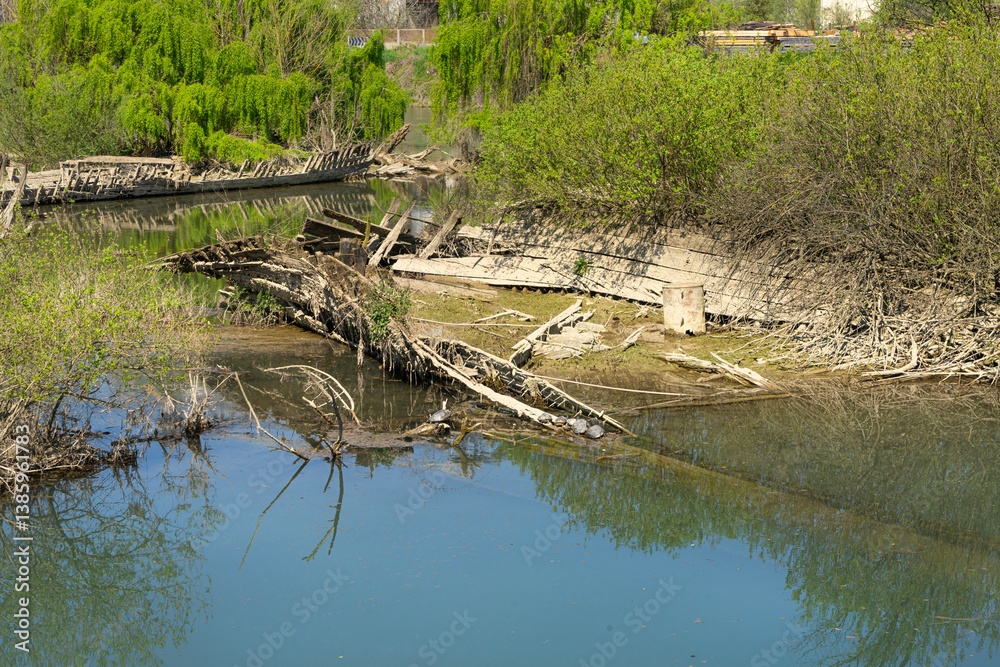 The cemetery of the Burci, typical Venetian merchant boats from the early 1900s once used for river trade, in a bend of the Sile River near Casale sul Sile, near the city of Treviso, Italy