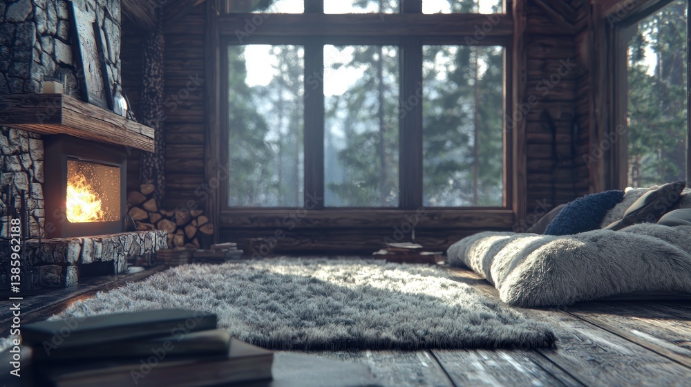 Fototapeta premium Cozy Cabin Winter Wonderland: A Serene Fireplace and Window View
