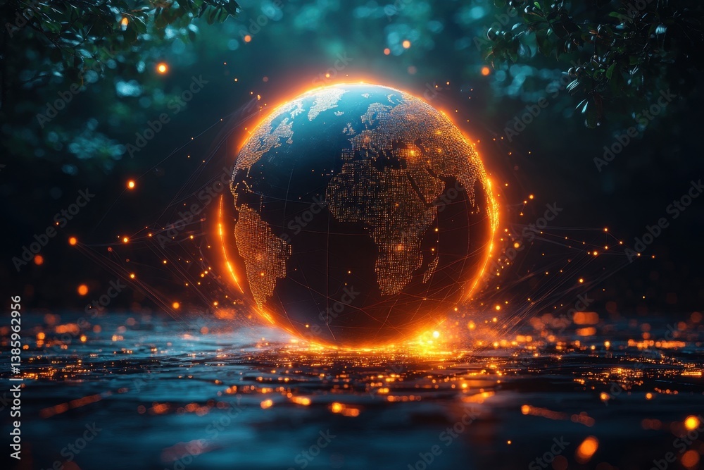 The illuminated earth glows with a digital network, symbolizing global connection and technology. The illuminated earth glows with a digital network, symbolizing global connection and technology.