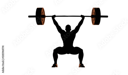 Silhouette of strong weightlifter man doing overhead squat or snatch lift with barbell. Vector illustration for gym, fitness, powerlifting, isolated.
