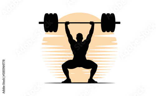 Weightlifter silhouette performing heavy overhead lift against a stylized sunset background. Vector graphic for gym, fitness motivation, strength training