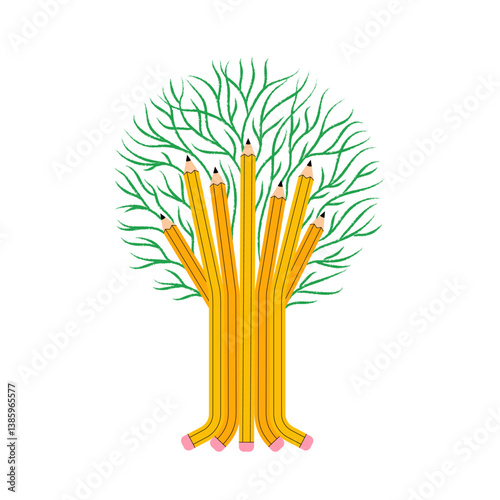 Tree made from yellow pencils forming the trunk and branches. The image symbolizes growth  knowledge  and the power of creativity rooted in education.