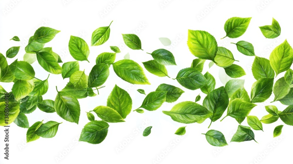 Fresh Green Leaves Floating on White Background Nature Background with Bright Green Leaves in Motion Isolated Fresh Green Leaves Floating on White Background Nature Background with Bright Green Leaves in Motion Isolated