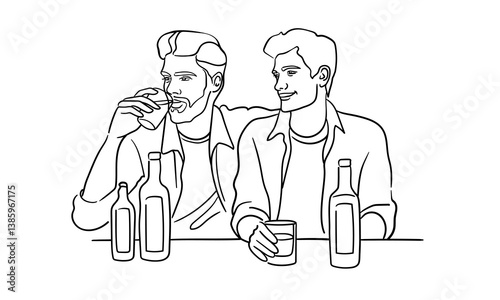 Two men drinking beer, male friendship continious line drawing. Beer party. Vector illustration	