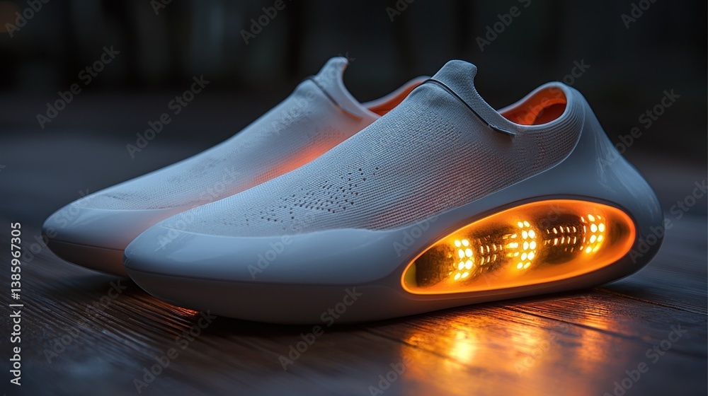 Futuristic white sneakers with illuminated soles on wooden floor.