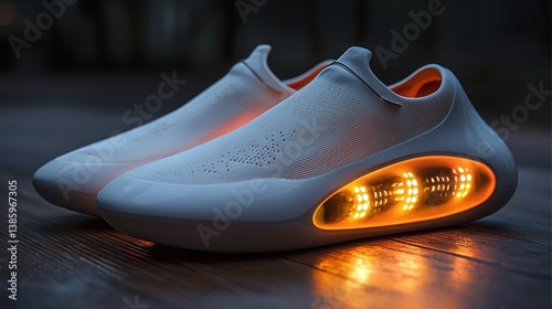 Obraz na płótnie Futuristic white sneakers with illuminated soles on wooden floor. w salonie