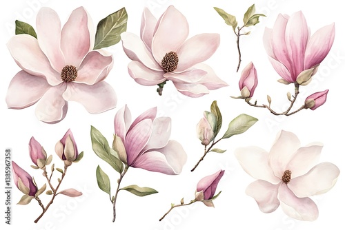 Watercolor Magnolia Illustration – Soft Pink Blossoms with Leaves & Buds on White Background