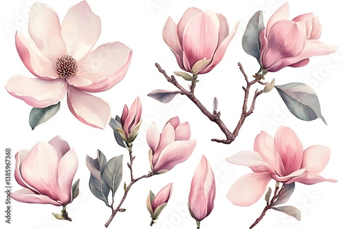 Watercolor Magnolia Illustration – Soft Pink Blossoms with Leaves & Buds on White Background