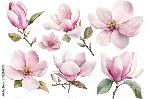 Watercolor Magnolia Illustration – Soft Pink Blossoms with Leaves & Buds on White Background