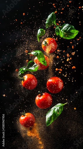 Fresh vegetables and spices exploding mid-air in slow motion with vibrant colors and textures on black background Generative AI
