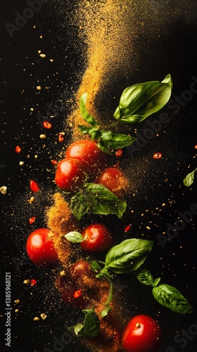Fresh vegetables and spices exploding mid-air in slow motion with vibrant colors and textures on black background Generative AI