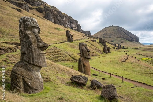 Rano Raraku Quarry with Moai Statues on Easter Island, Chile photo