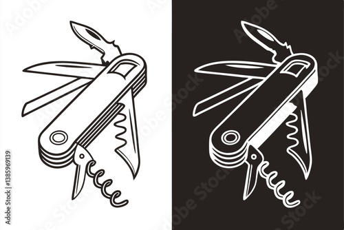 Black and White Versatile Pocket Knife Vector Illustration with Bottle Opener and Corkscrew.