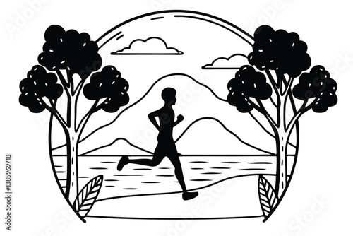 Silhouette of a man jogging in nature surrounded by trees and mountains landscape.
